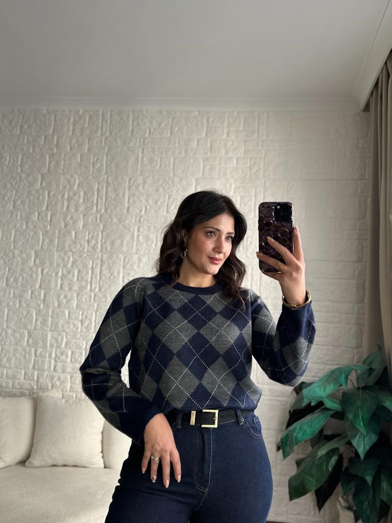 Orjinal Marka Lacivert Gri  Baklava Desen Triko Kazak