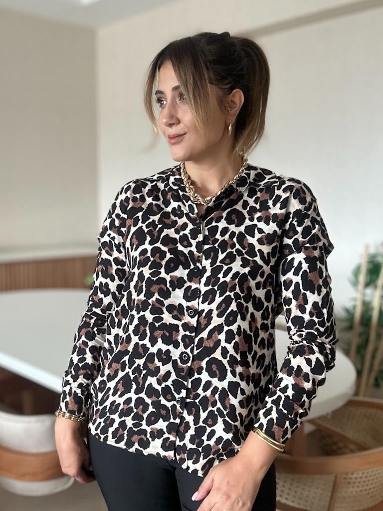 Orjinal Marka Pamuk Viskon Leopar Desen Gömlek