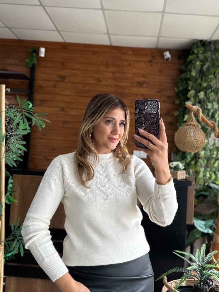 Orjinal Marka Reglan Kol İnci Detaylı Kaşmir Triko Ekru