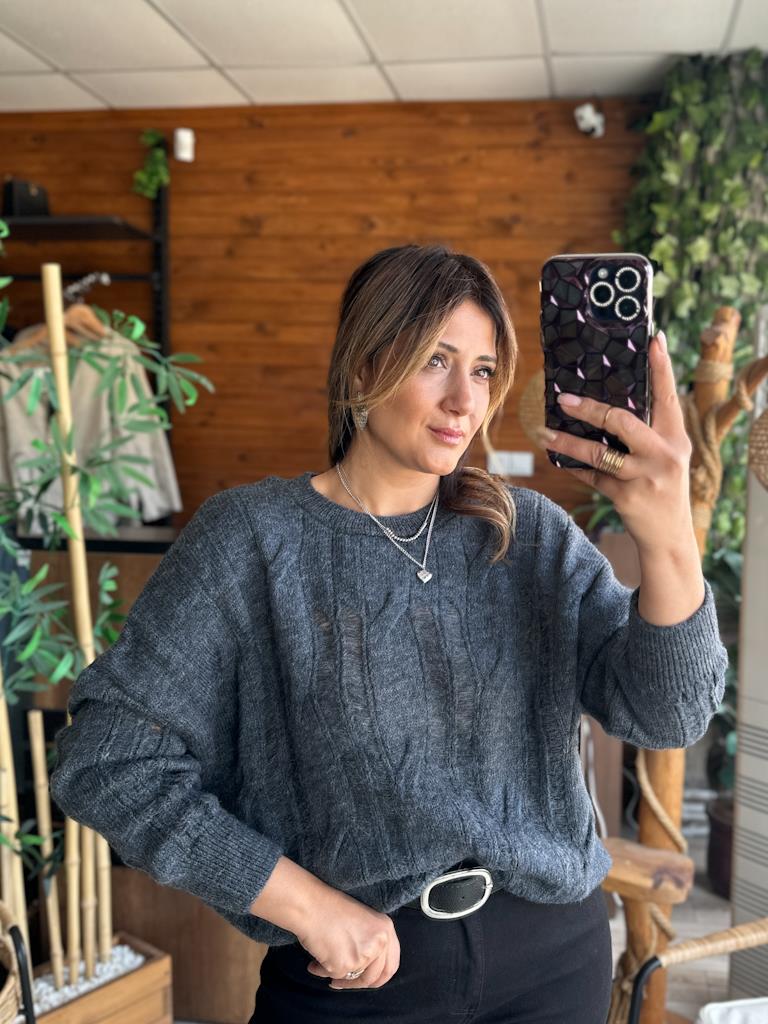 Orjinal Marka Saç Örgülü Antrasit  Yırtık Detay Triko Kazak