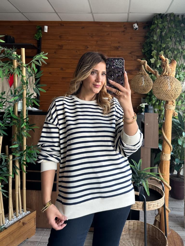 Orjinal Marka Salaş Pamuk Çizgili Sweatshirt