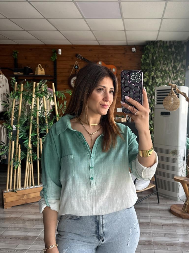 Otantik Batik Model Keten Gömlek Yeşil