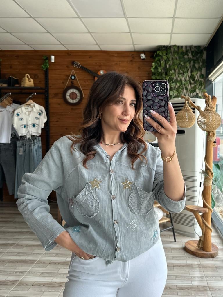 Otantik Keten File Payet Detay Kapşonlu Ceket Gri