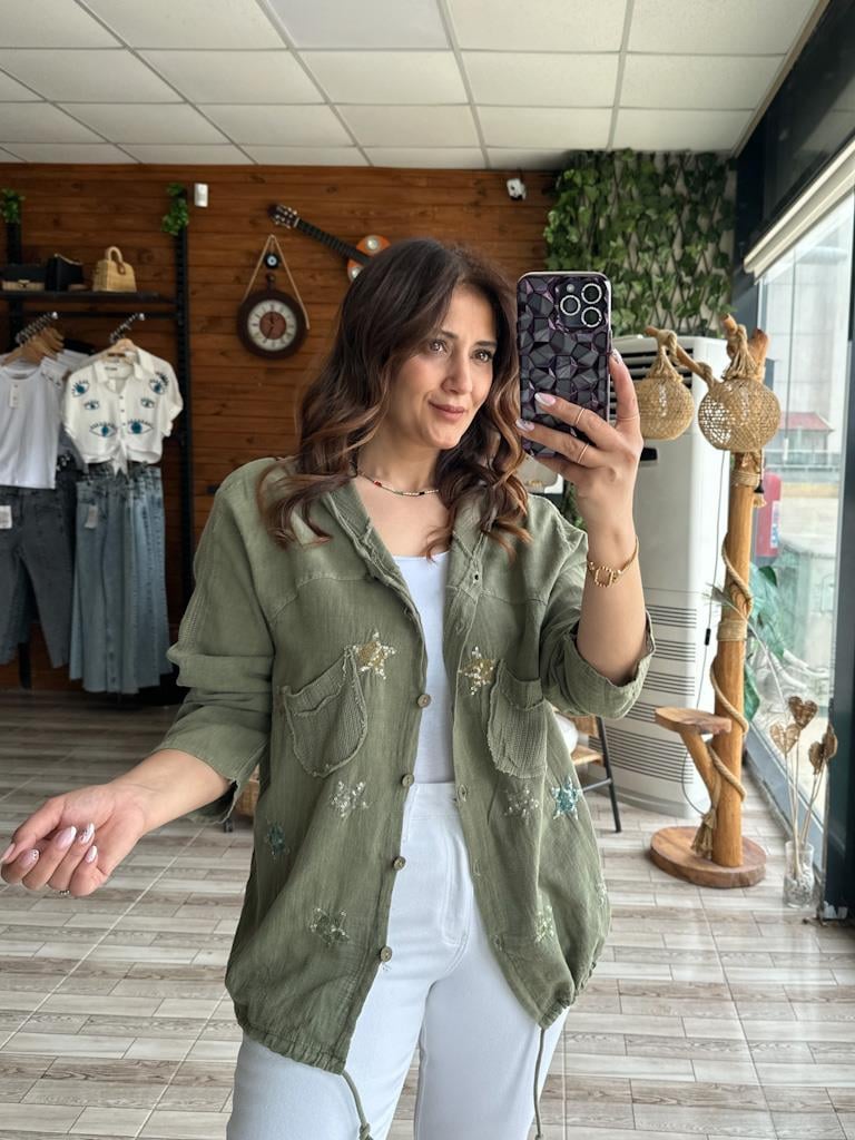 Otantik Keten File Payet Detay Kapşonlu Ceket Yeşil