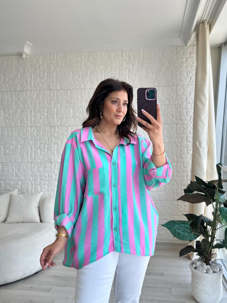 Oversize Pembe Yeşil Çizgili Modal Gömlek