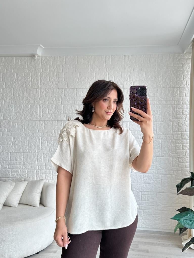 Özel Seri Tek Omuz Çiçek İşleme Sepet Örgü Keten Bluz