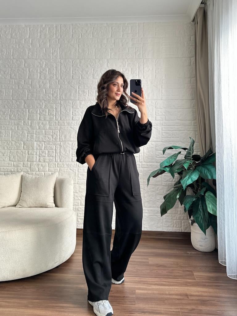 Özel Tasarım Modal Kumaş Kemer Detaylı Takım Siyah