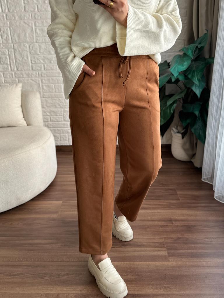 Özel Üretim Beli Lastikli Çıma Dikişli Nubuk Pantolon Taba