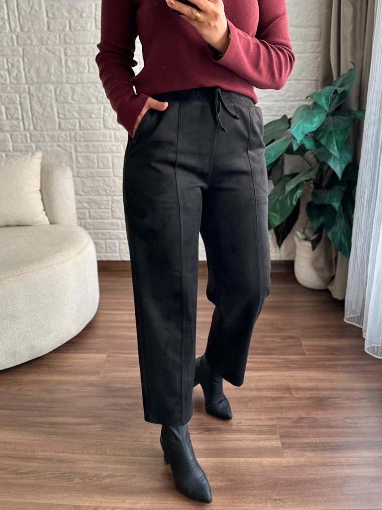 Özel Üretim Beli Lastikli Çıma Dikişli Nubuk Pantolon Siyah