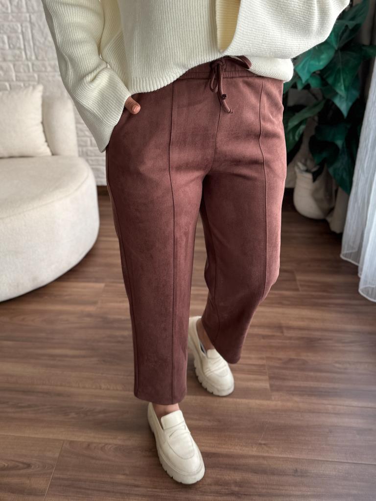 Özel Üretim Beli Lastikli Çıma Dikişli Nubuk Pantolon Kahverengi