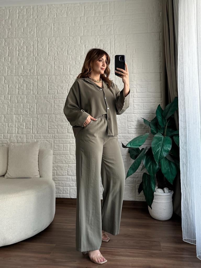 Özel Üretim Modal Tensel Kumaş Salaş Takım Haki Yeşil