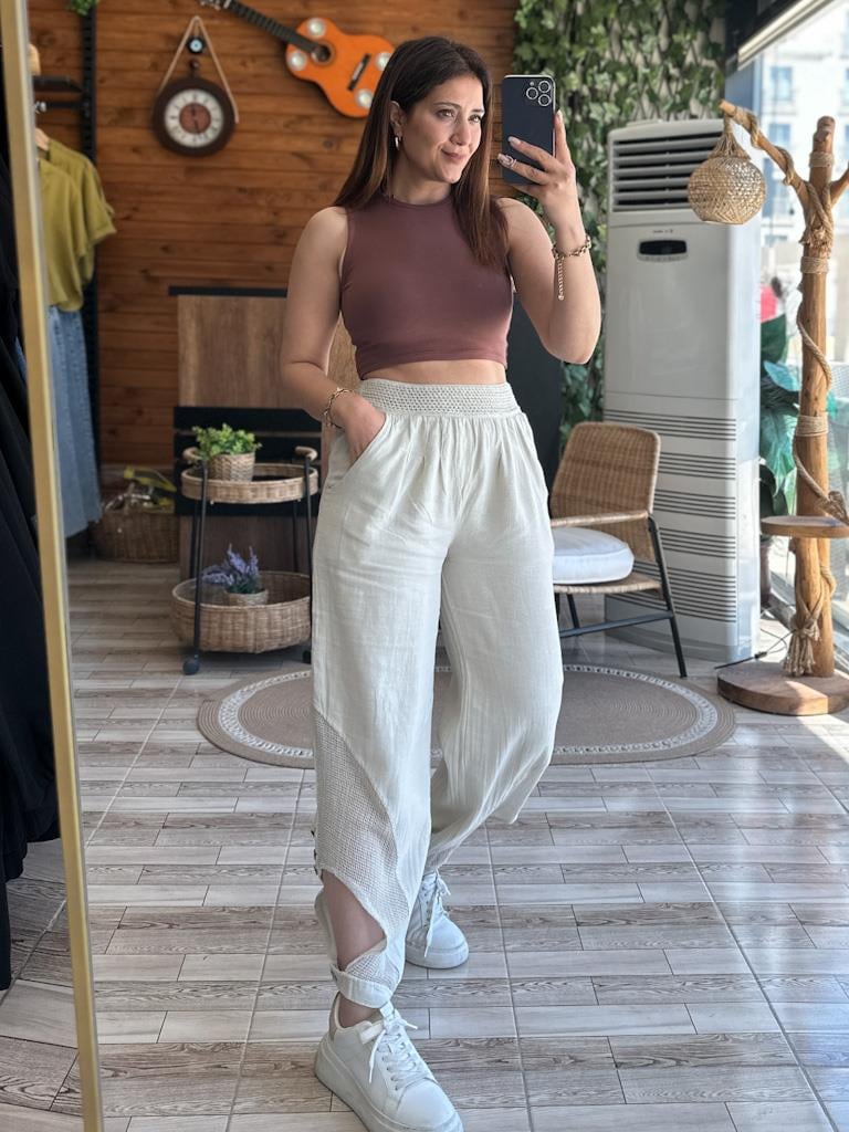 PAÇA DETAYLI OTANTİK İTHAL KETEN ŞALVAR PANTOLON BEJ