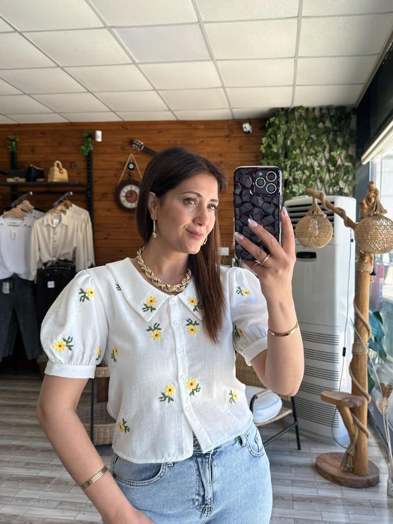 Papatya Nakış İşleme Keten Gömlek Kısa Kol