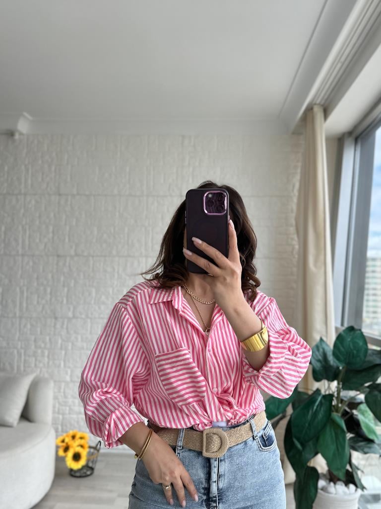 Pembe Çizgili Tek Cep Detay Modal Gömlek