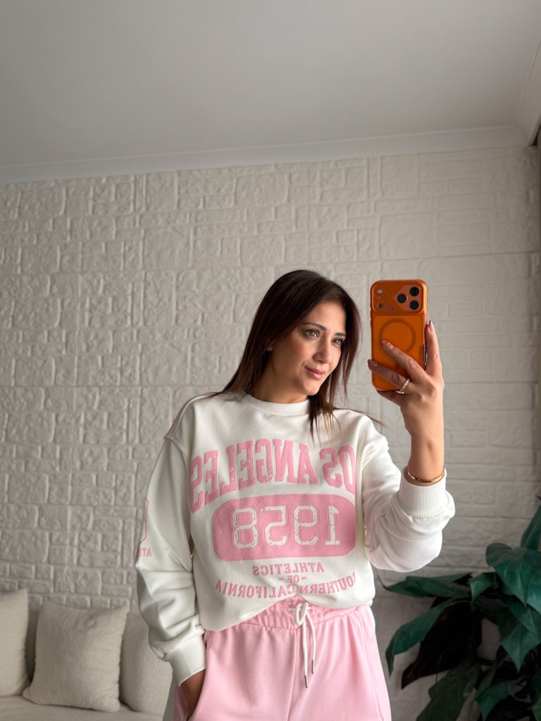 Pembe Ekru Los Angeles Baskılı İki İplik Pamuk Sweat