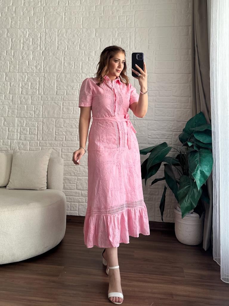 Pembe Gömlek Yaka Önü Düğmeli Ayrı Astarlı Kuşaklı Fisto Elbise