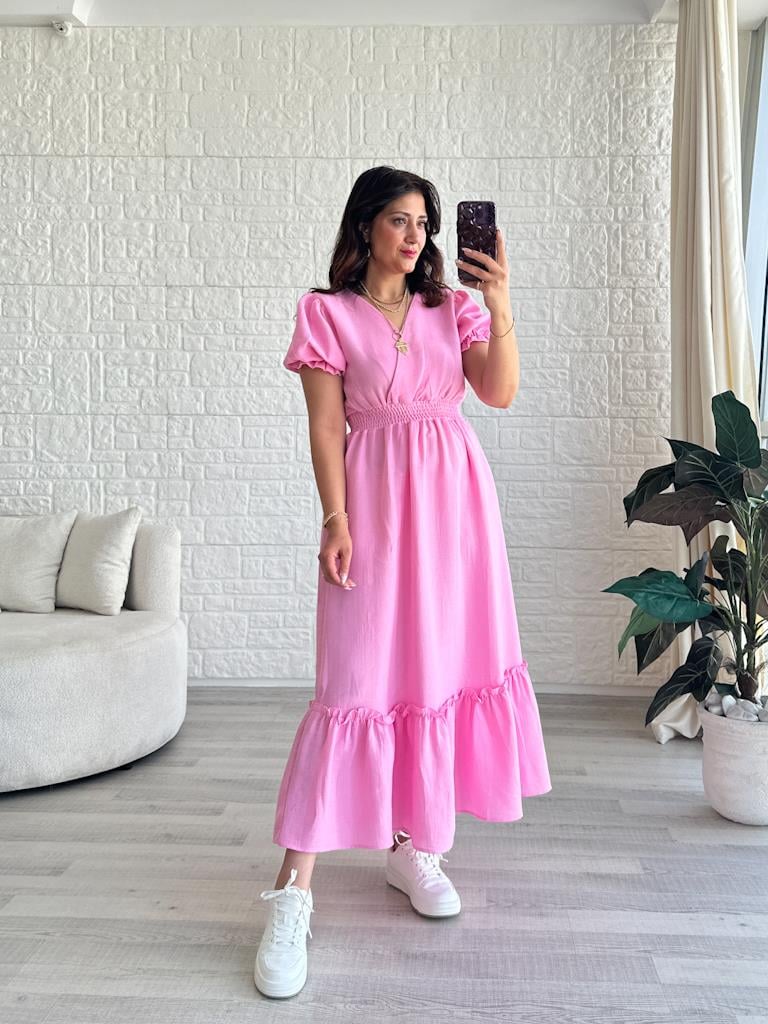 Pembe Müslin Kumaş Kruvaze Yaka Elbise