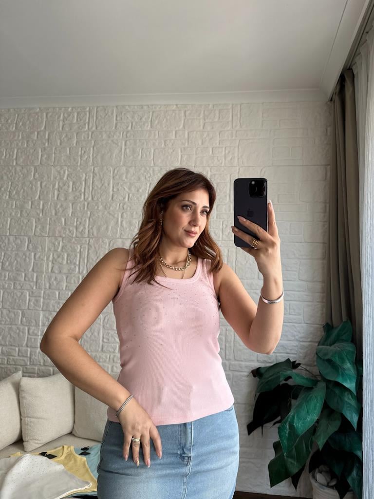 Pembe Orjinal Marka Taşlı Kare Yaka Kaşkorse Bluz