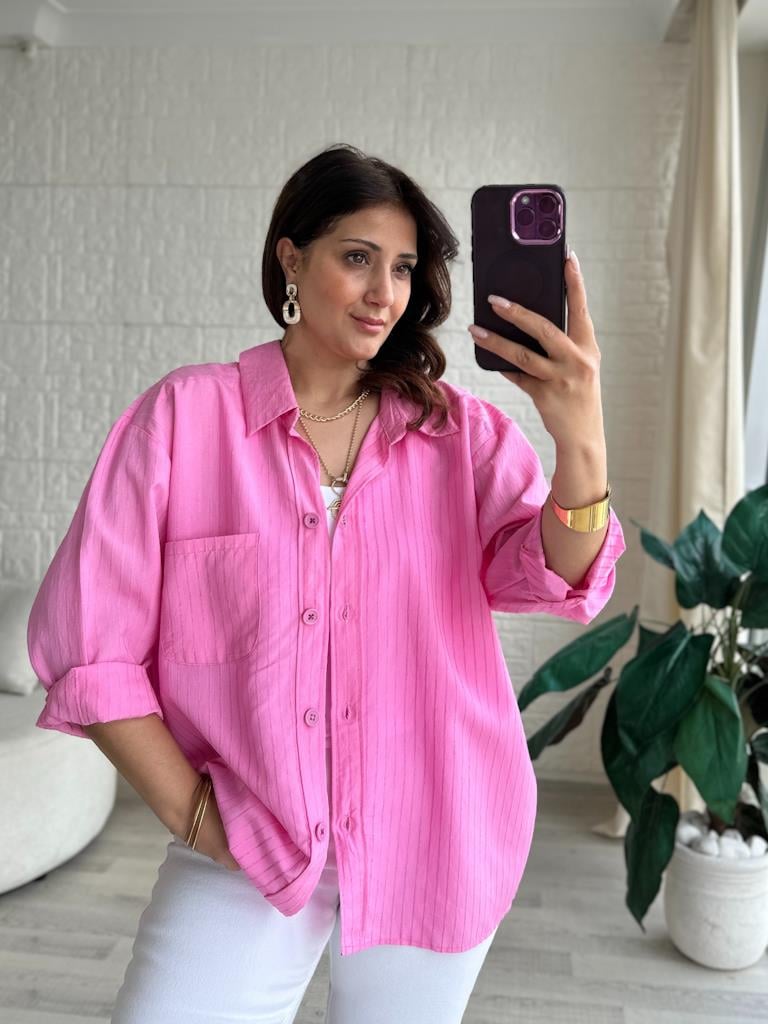 Pembe Panç Çizgili Oversize Gömlek