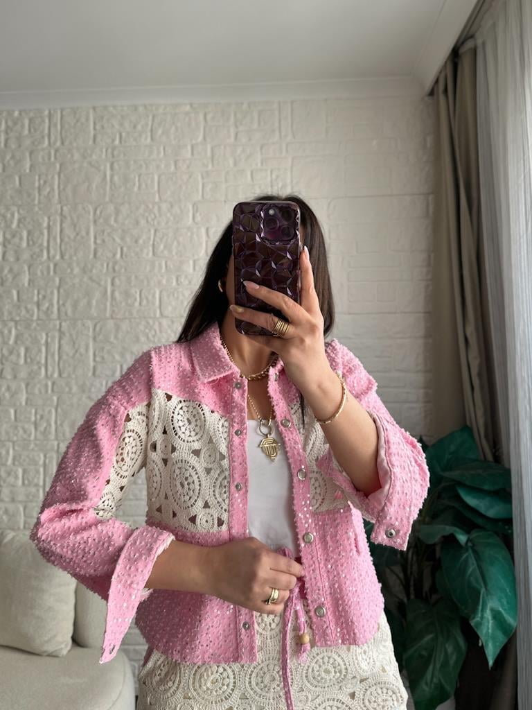 Pembe Pul Payet Jean Detaylı Tasarım Güpür CEKET