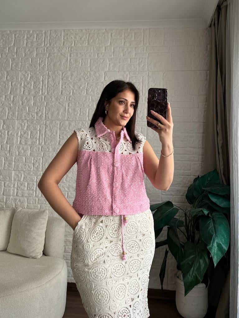 Pembe  Pul Payet Jean Detaylı Tasarım Güpür Yelek