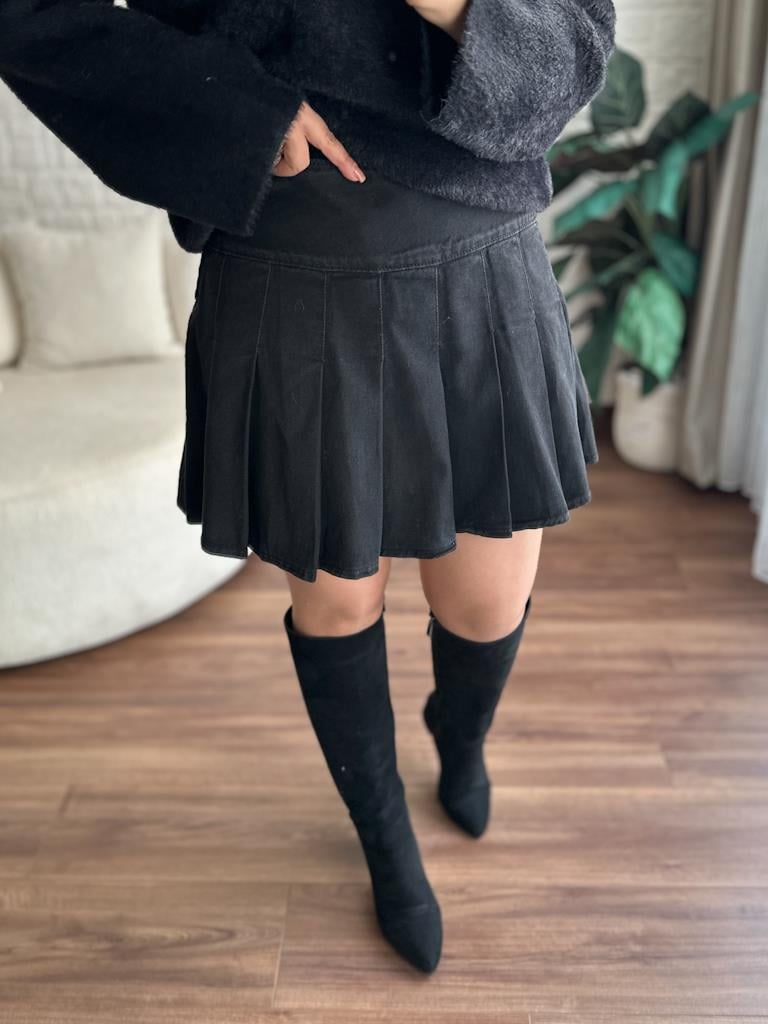 Pileli Jean Mini Etek Antrasit