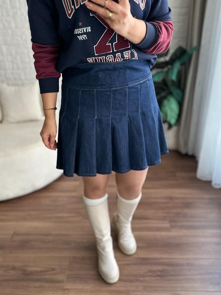 Pileli Jean Mini Etek Lacivert