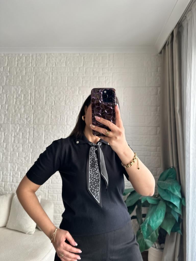 Polo Yaka Fularlı Kısa Kol Premium İnce Triko Bluz Siyah