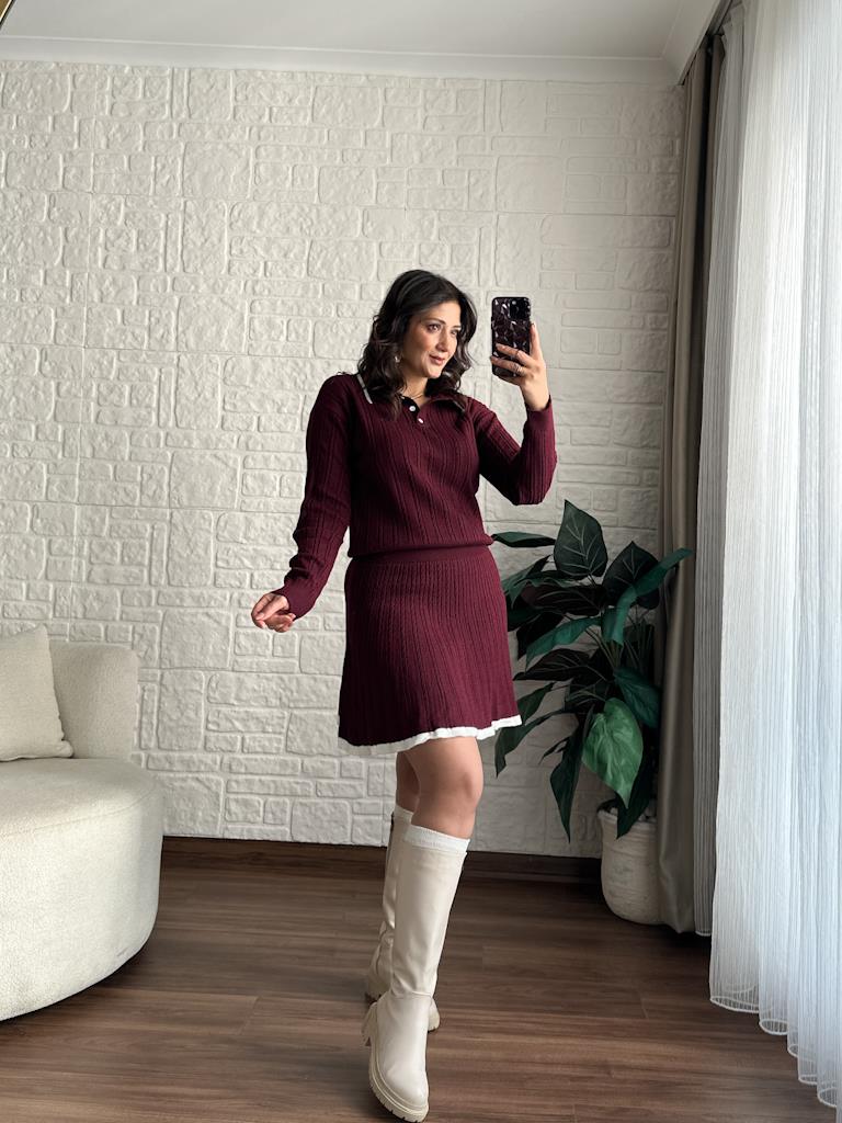 Polo Yaka Örgü Desen İnce Doku Etekli Triko Takım Bordo