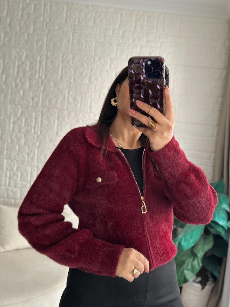 Premium Angora Fermuarlı Gömlek Yaka Hırka Bordo