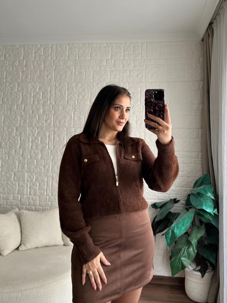 Premium Angora Fermuarlı Gömlek Yaka Hırka Kahverengi