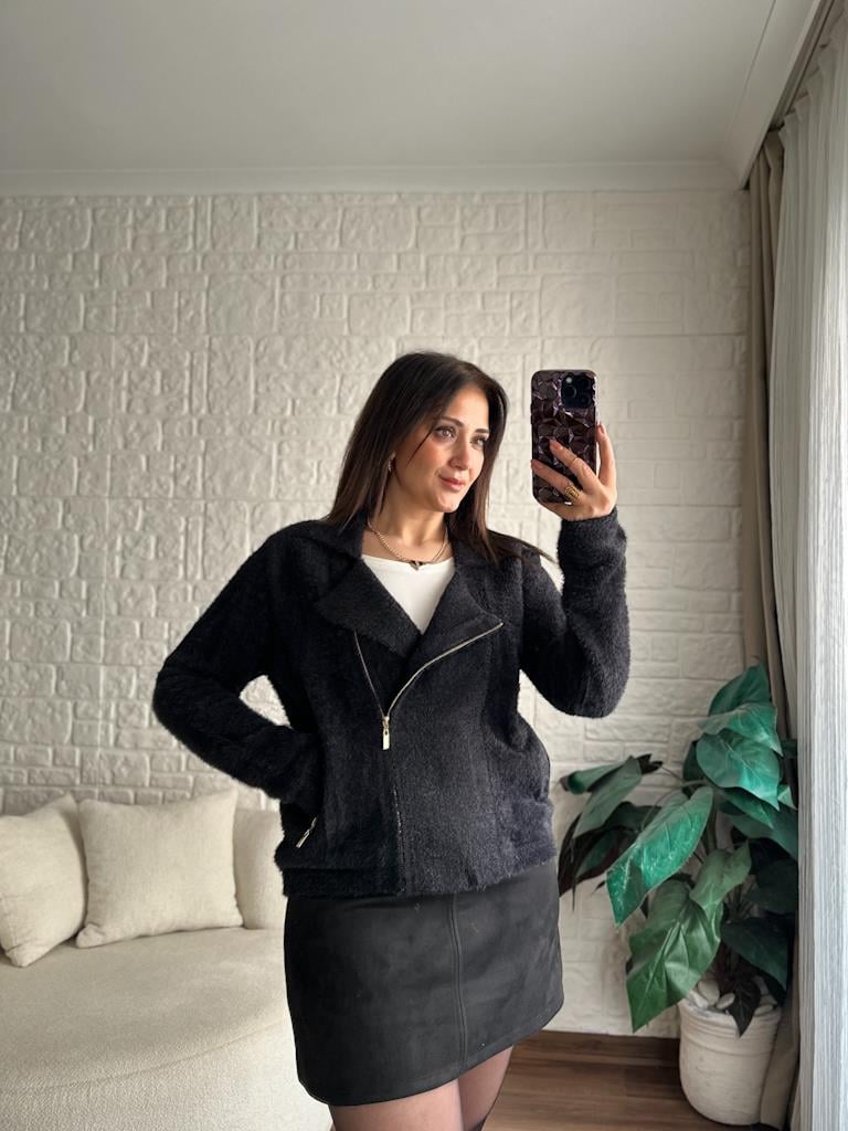 Premium Angora Yan Fermuarlı Ceket Siyah