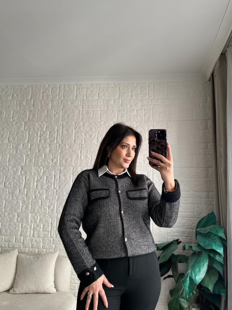 Premium Bisiklet Yaka Gold Düğmeli Triko Ceket Siyah