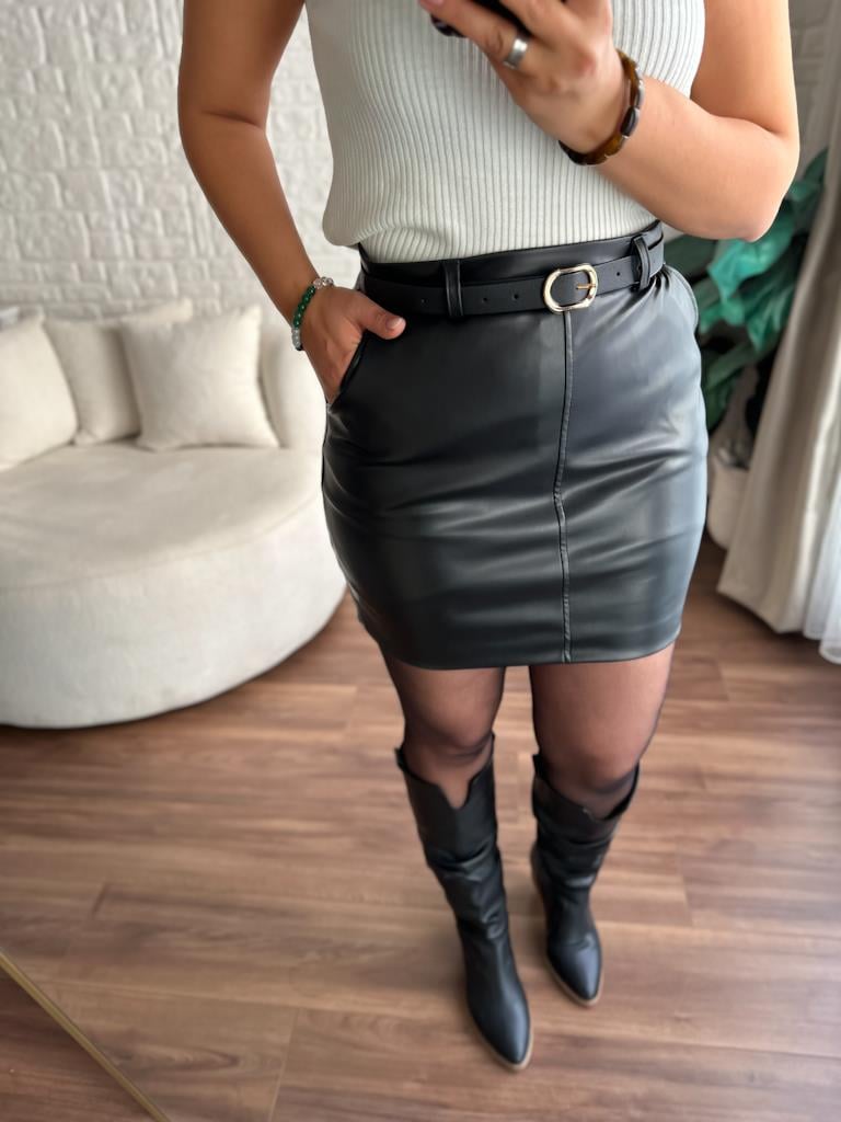 Premium Deri Kemerli Mini Etek Siyah
