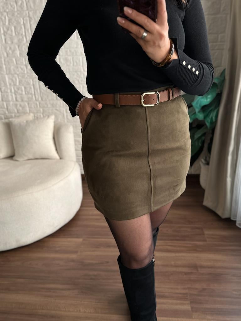 Premium Kemerli Süet Mini Etek