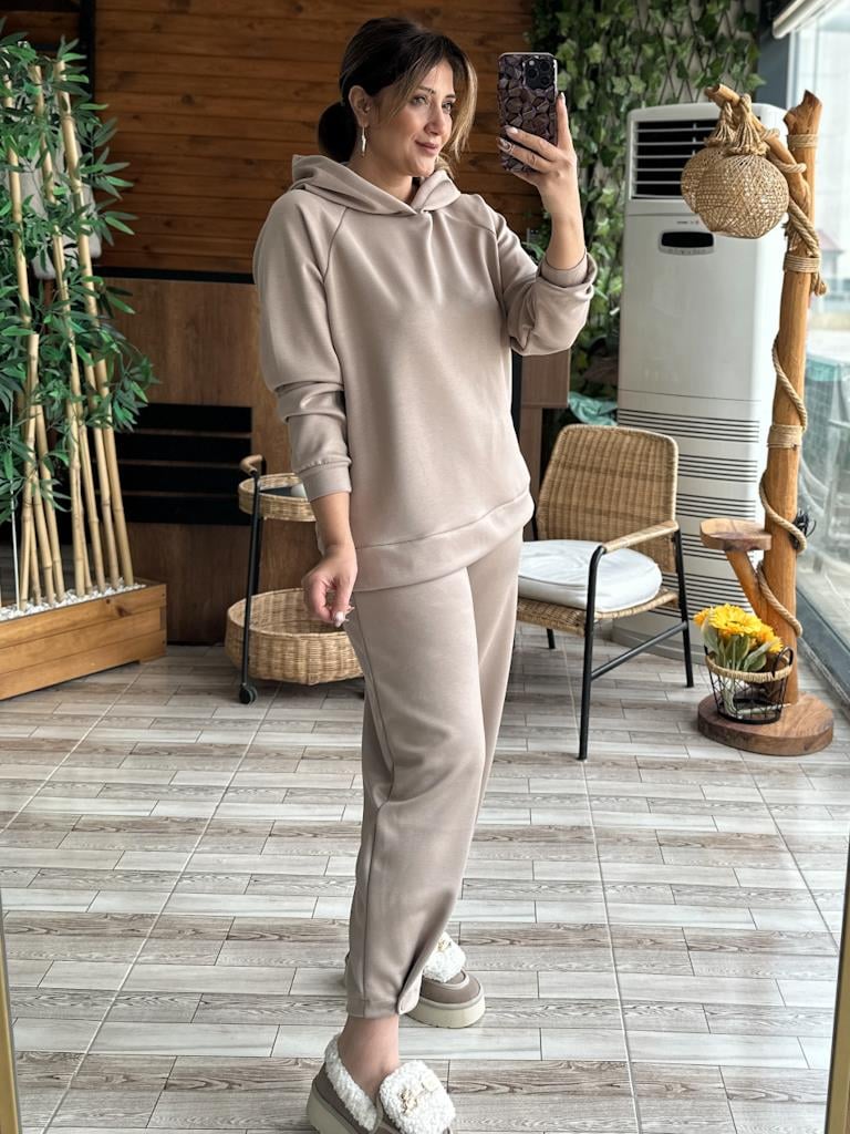 Premium Modal Kumaş Kapşonlu Paça Düğme Detay Takım Taş