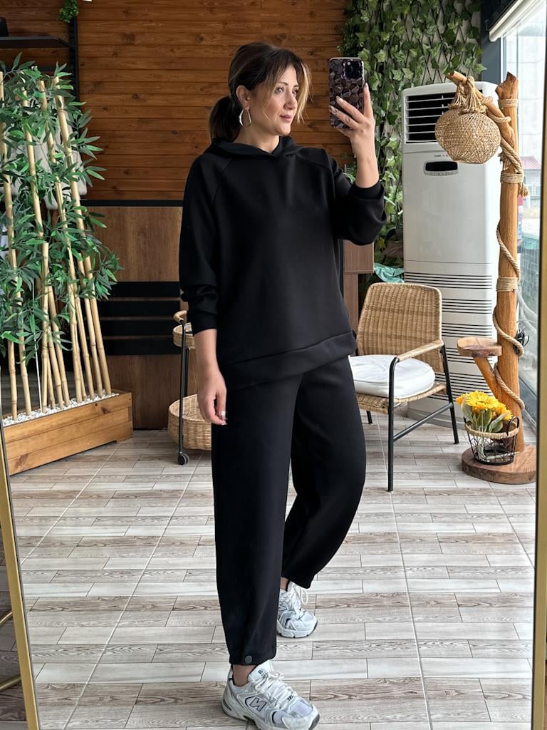 Premium Modal Kumaş Kapşonlu Paça Düğme Detay Takım Siyah