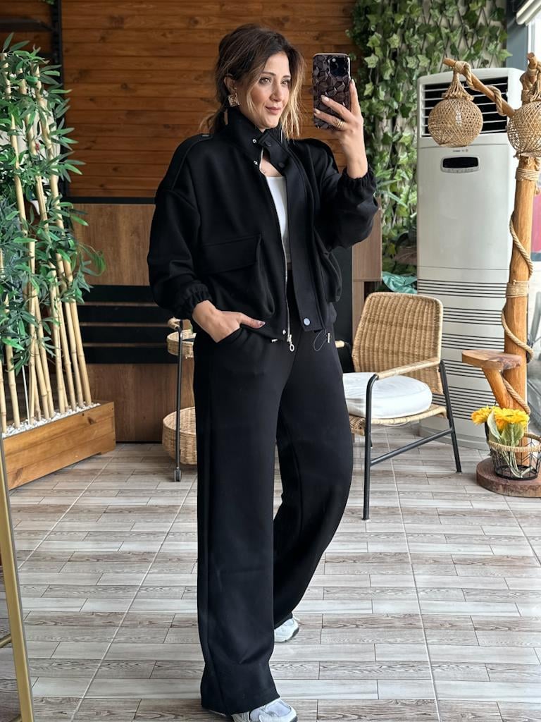 Premium Modal Oys Kumaş Fermuarlı Cepli Takım Siyah  Kod 1108