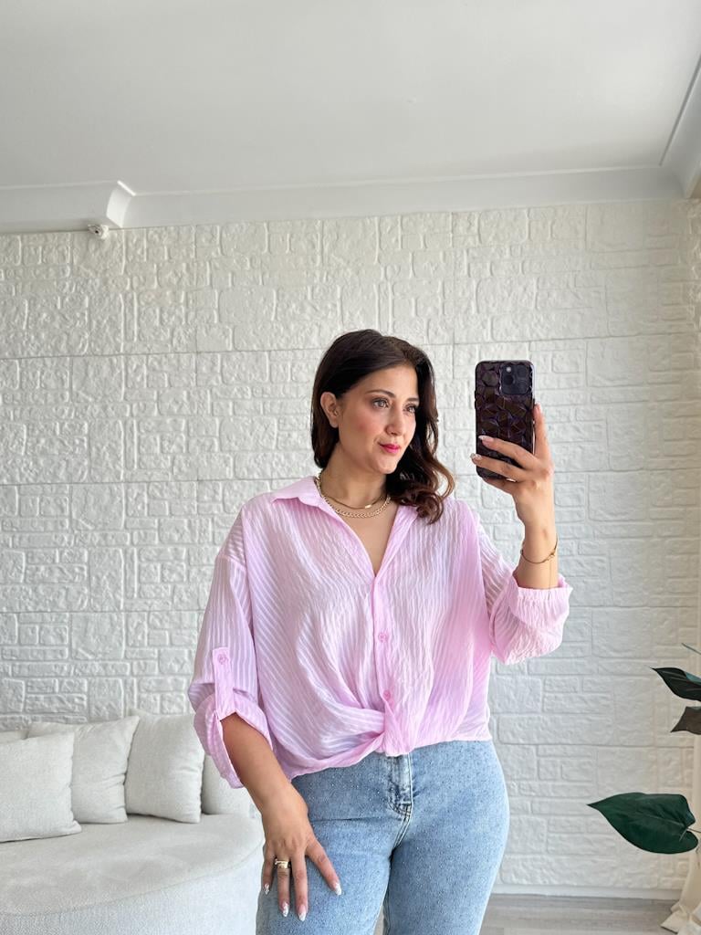 Premium Önü Bağlamalı Tül Gömlek Pembe