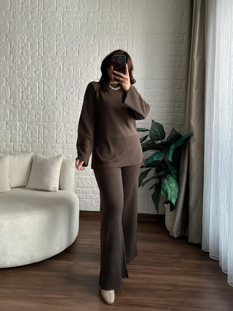 Premium Paça Detaylı Salaş Triko Takım Koyu Vizon