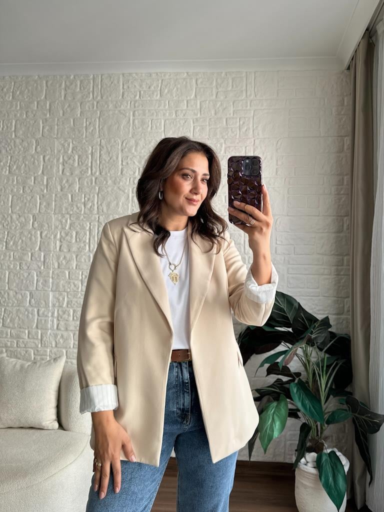 Premium Seri Astarlı Çizgili Blazer Ceket Krem