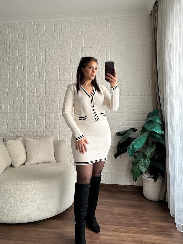 Premium Şeritli Triko Takım Ekru