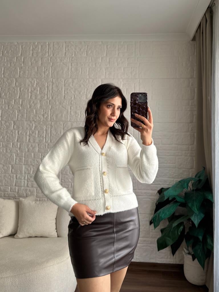 Premium Simli Düğmeli Angora Hırka Beyaz