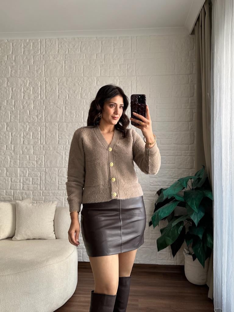 Premium Simli Düğmeli Angora Hırka Vizon