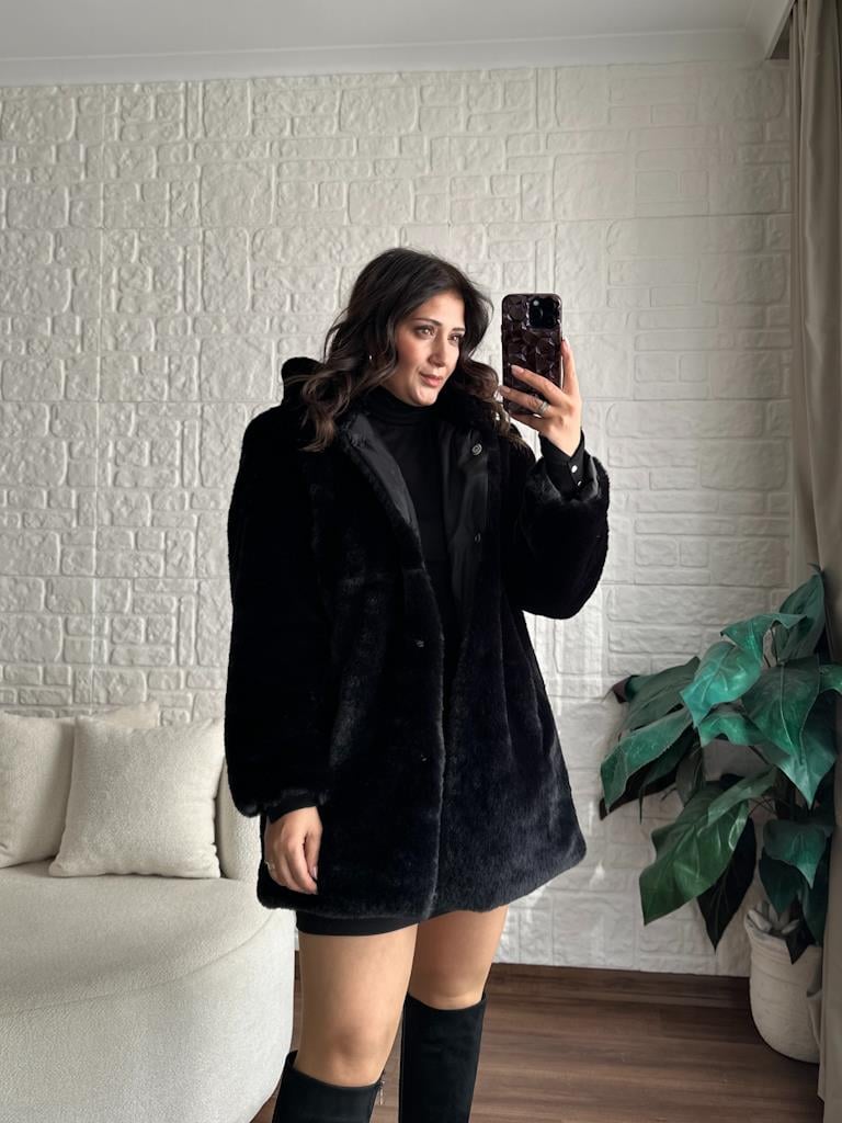 Premium Tok Yapı Astarlı Kapşonlu Pelüş Mont Siyah