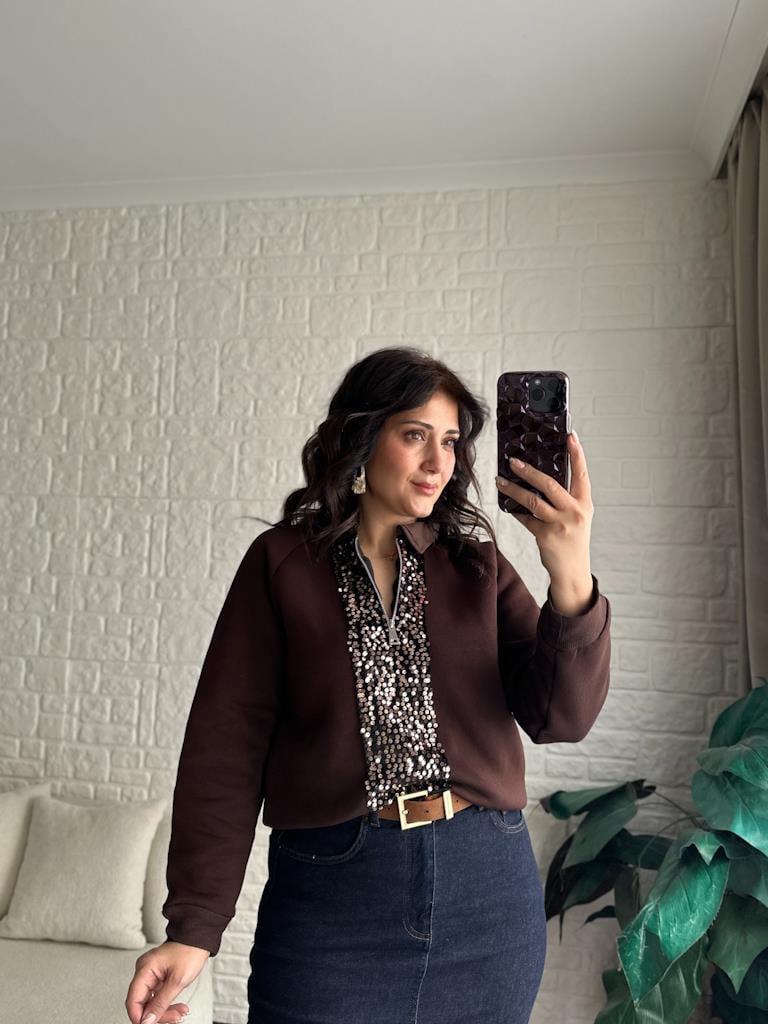 Pul Payetli Fermuar Detaylı Üç İplik Şardonlu Sweetshirt Kahverengi
