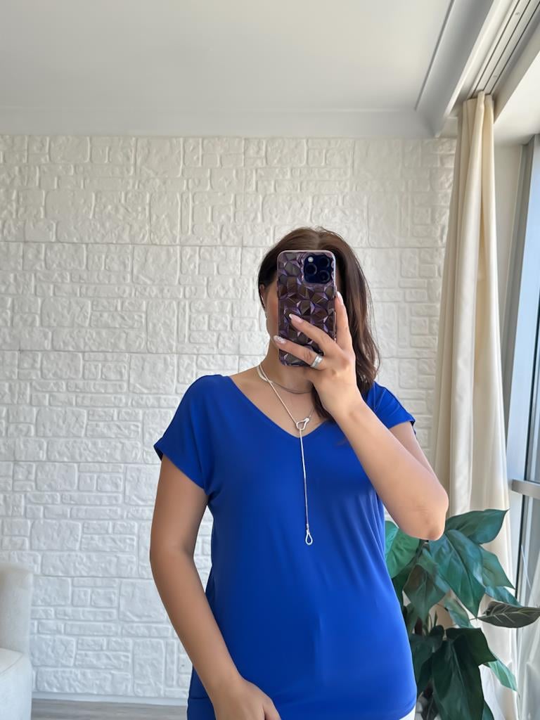 Saks Mavi Arka Ön V Yaka Modal Penye Tişört