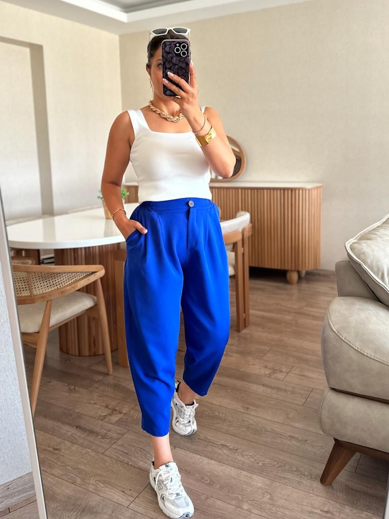 Saks Mavi Beli Lastikli Şalvar Model Pantolon