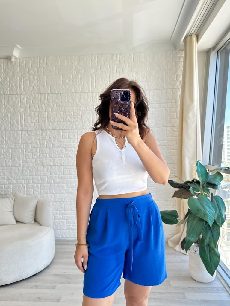 Saks Mavi  Özel Üretim Arka Bel Lastikli İthal Aerobin Şort