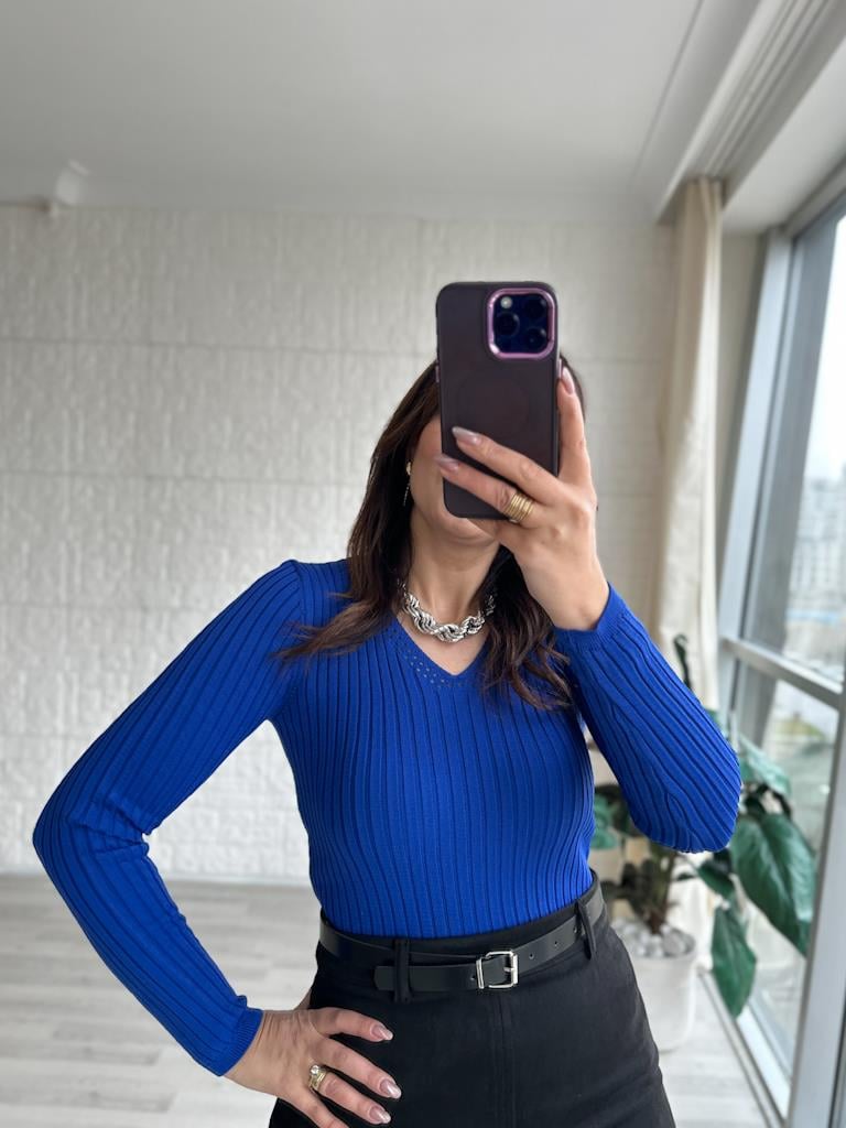 Saks Mavi V Ajur Yaka Detaylı Triko Bluz